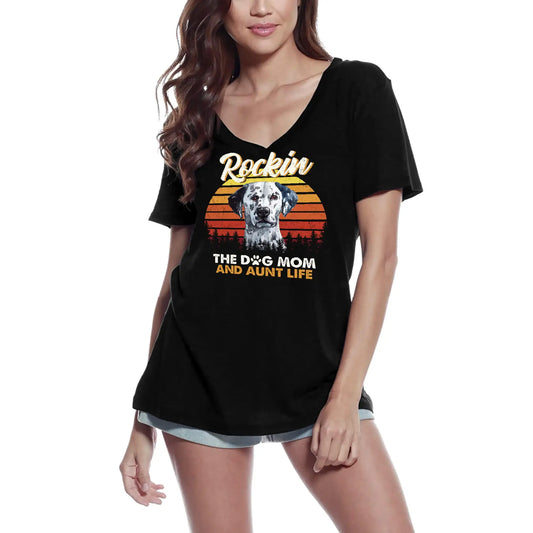 Women's Graphic T-Shirt V Neck Rockin' The Dog Mom And Aunt Life - Cute Dalmatian Dog Paw Funny Ladies Limited Edition Short Sleeve Tee-Shirt Vintage Birthday Gift Novelty