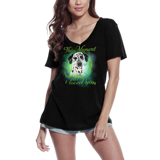 Women's Graphic T-Shirt V Neck The Moment I Saw You I Loved You - Cute Dalmatian Dog Paw Funny Ladies Limited Edition Short Sleeve Tee-Shirt Vintage Birthday Gift Novelty