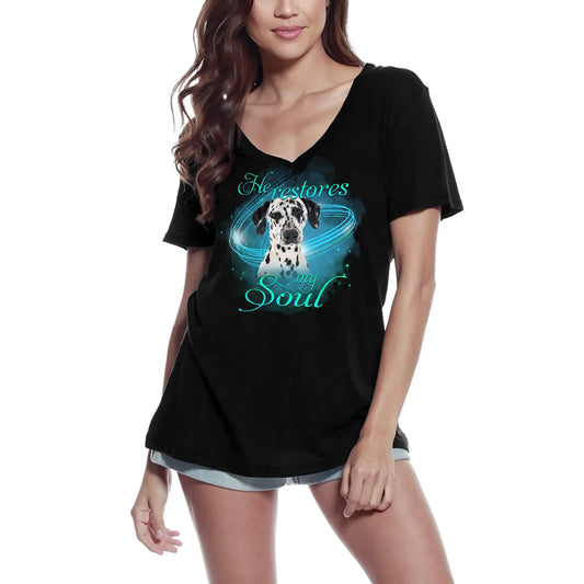 Women's Graphic T-Shirt V Neck He Restores My Soul - Cute Dalmatian Dog Paw Funny Ladies Limited Edition Short Sleeve Tee-Shirt Vintage Birthday Gift Novelty