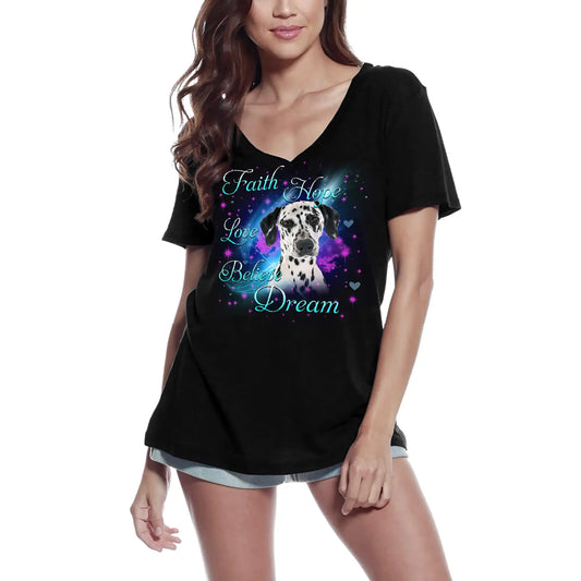 Women's Graphic T-Shirt V Neck Faith Hope Love Believe Dream - Cute Dalmatian Dog Paw Funny Ladies Limited Edition Short Sleeve Tee-Shirt Vintage Birthday Gift Novelty