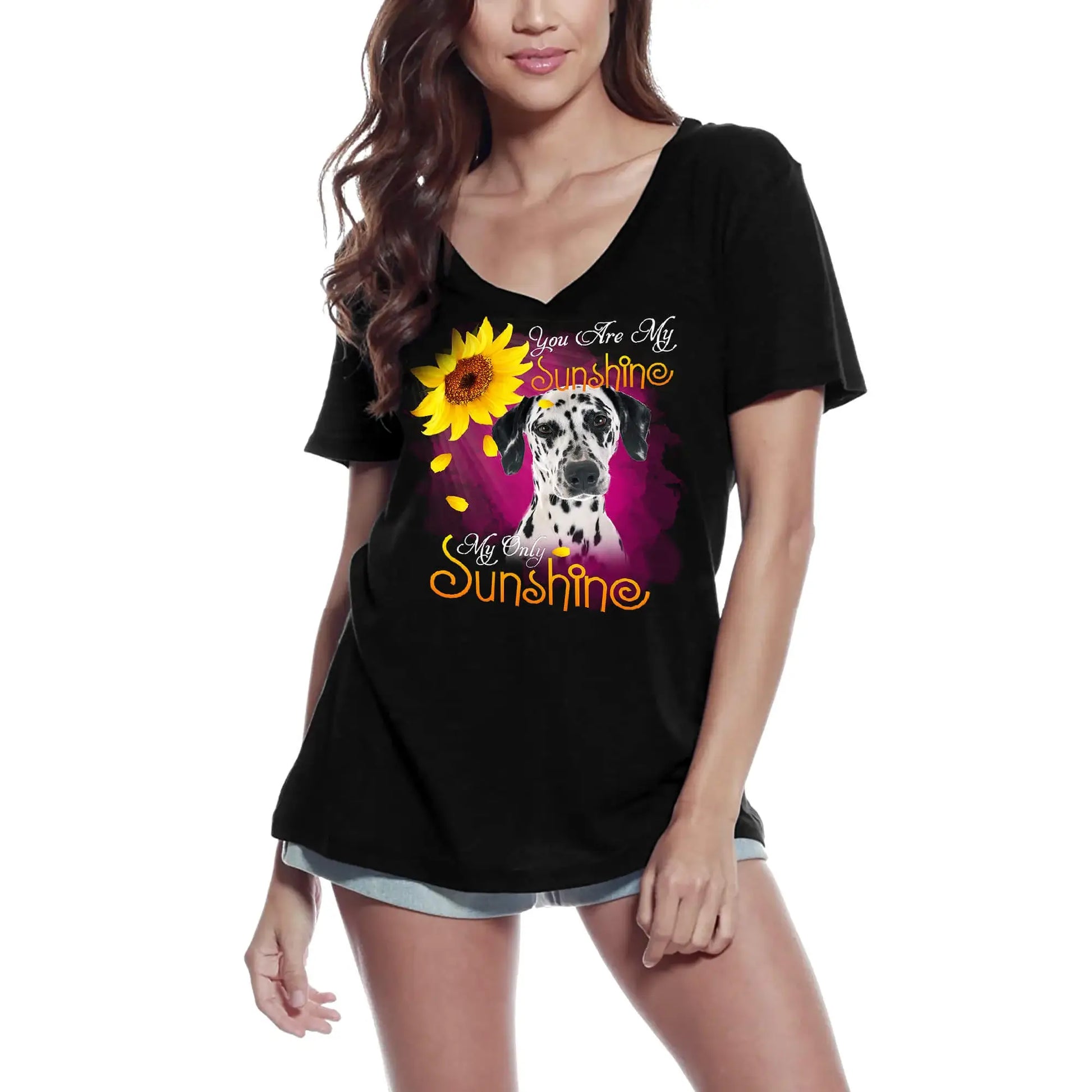 Women's Graphic T-Shirt V Neck You're My Sunshine - Cute Dalmatian Dog Paw Funny Ladies Limited Edition Short Sleeve Tee-Shirt Vintage Birthday Gift Novelty