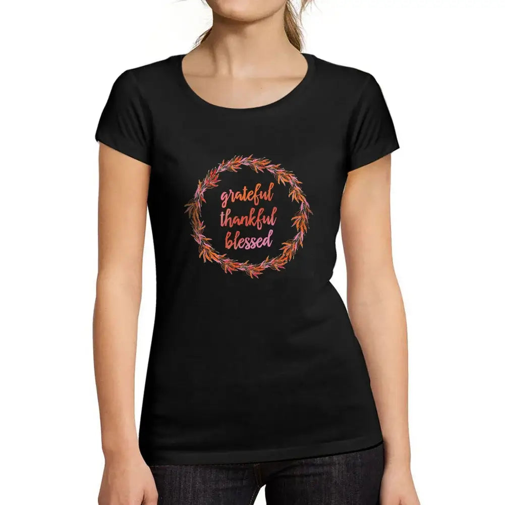 Women's Graphic T-Shirt Organic Grateful Thankful Blessed Shirt Thanksgiving Holiday Ladies Limited Edition Short Sleeve Tee-Shirt Vintage Birthday Gift Novelty