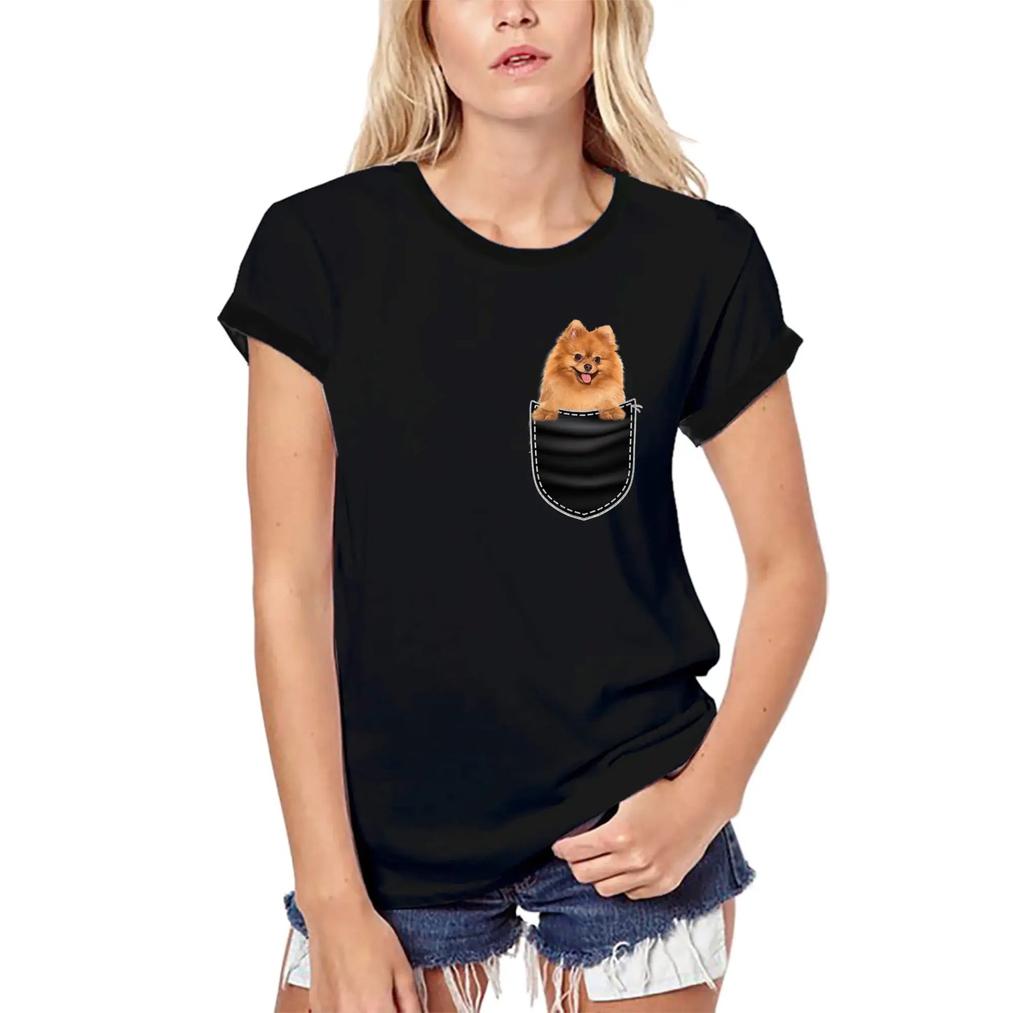 Women's Graphic T-Shirt Organic Pocket Cute Pomeranian Dog Lover Eco-Friendly Ladies Limited Edition Short Sleeve Tee-Shirt Vintage Birthday Gift Novelty