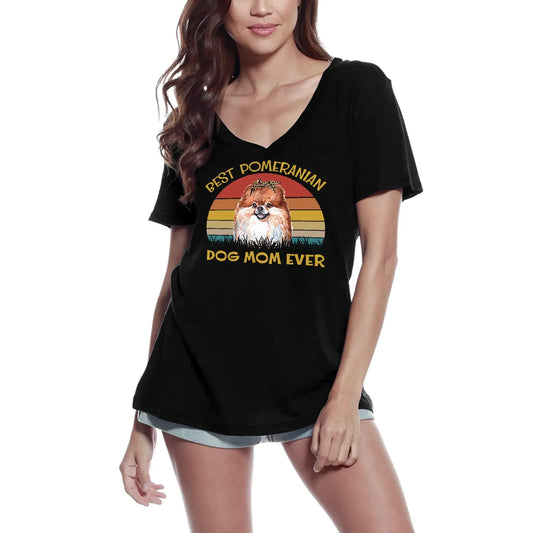 Women's Graphic T-Shirt V Neck Best Pomeranian Mom Ever Dog Lover Ladies Limited Edition Short Sleeve Tee-Shirt Vintage Birthday Gift Novelty