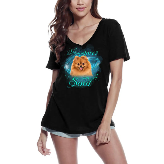 Women's Graphic T-Shirt V Neck He Restores My Soul - Pomeranian Dog Lover Ladies Limited Edition Short Sleeve Tee-Shirt Vintage Birthday Gift Novelty
