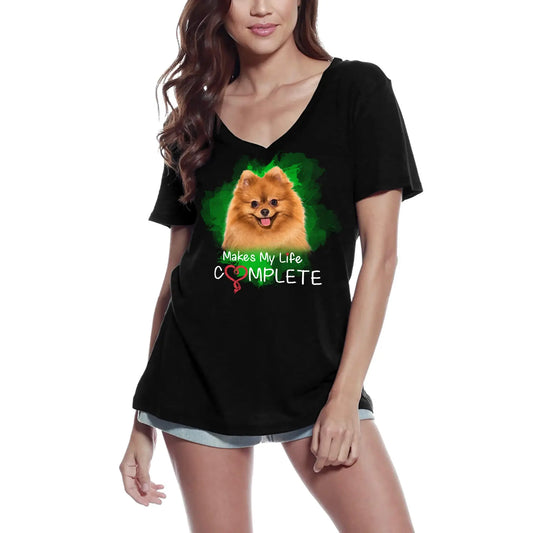 Women's Graphic T-Shirt V Neck Makes My Life Complete - Pomeranian Dog Lover Ladies Limited Edition Short Sleeve Tee-Shirt Vintage Birthday Gift Novelty