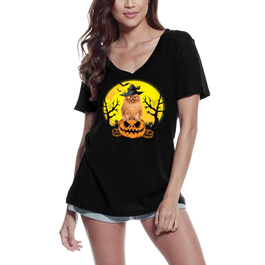 Women's Graphic T-Shirt V Neck Halloween - Pomeranian Dog Lover Ladies Limited Edition Short Sleeve Tee-Shirt Vintage Birthday Gift Novelty
