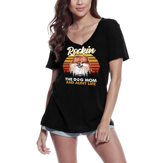Women's Graphic T-Shirt V Neck Rockin The Dog Mom And Aunt Life Pomeranian Dog Lover Ladies Limited Edition Short Sleeve Tee-Shirt Vintage Birthday Gift Novelty