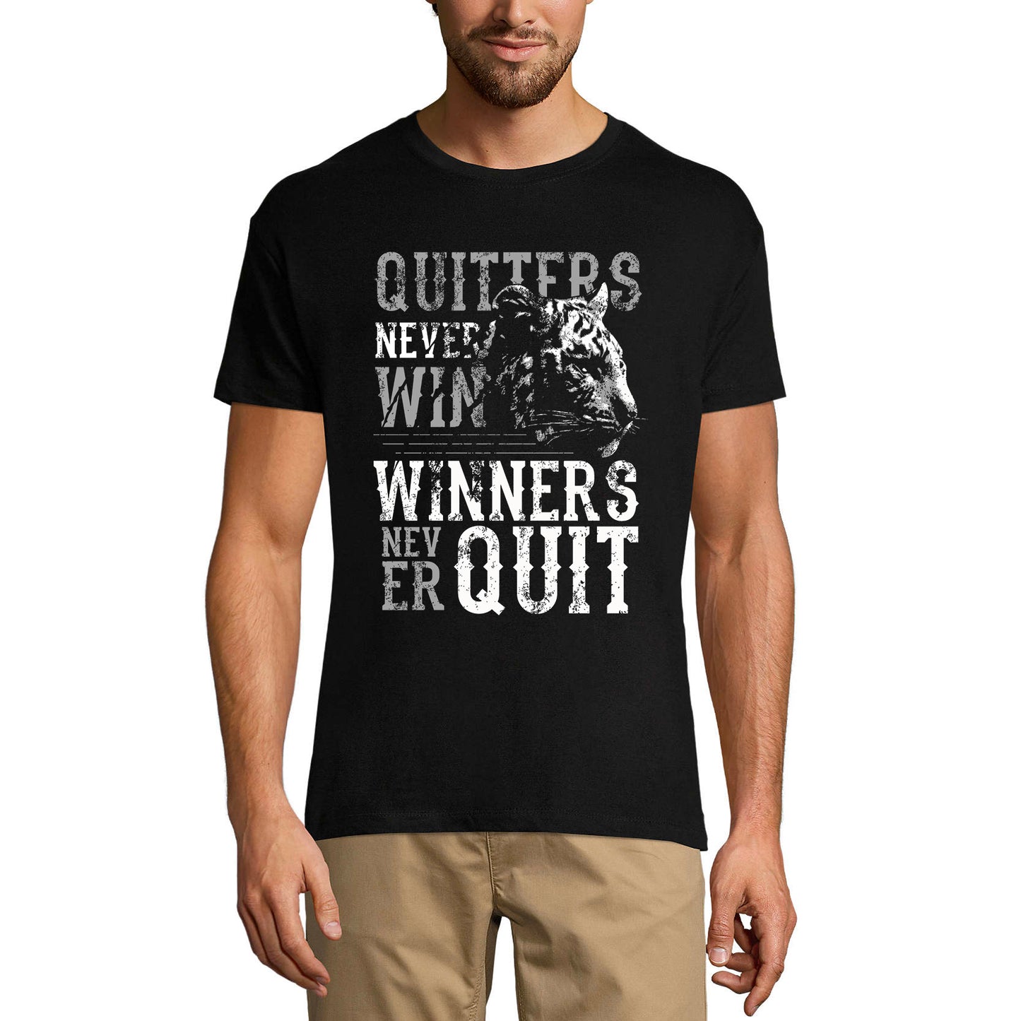 ULTRABASIC Men's T-Shirt Quitters Never Win Winners Never Quit - Tiger Face