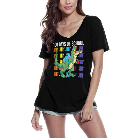 ULTRABASIC Women's V-Neck T-Shirt 100th Day of School T-Rex - Funny Gift Tee Shirt