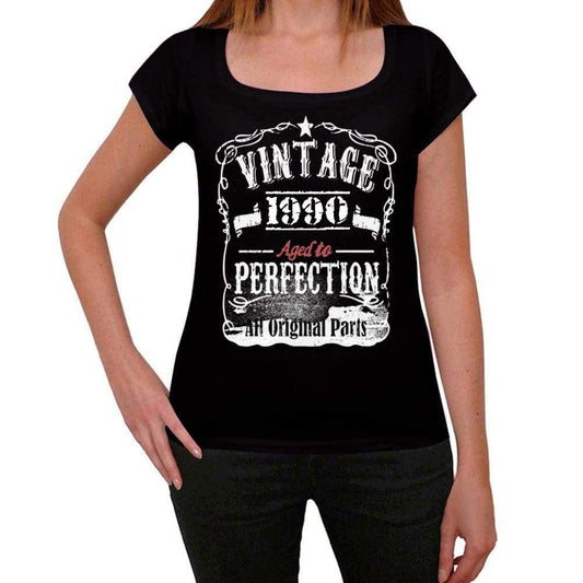 1990 Vintage Aged To Perfection Womens T-Shirt Black Birthday Gift 00492 - Black / Xs - Casual