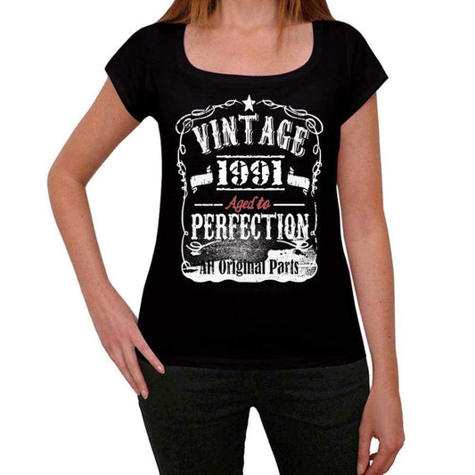 1991 Vintage Aged To Perfection Womens T-Shirt Black Birthday Gift 00492 - Black / Xs - Casual
