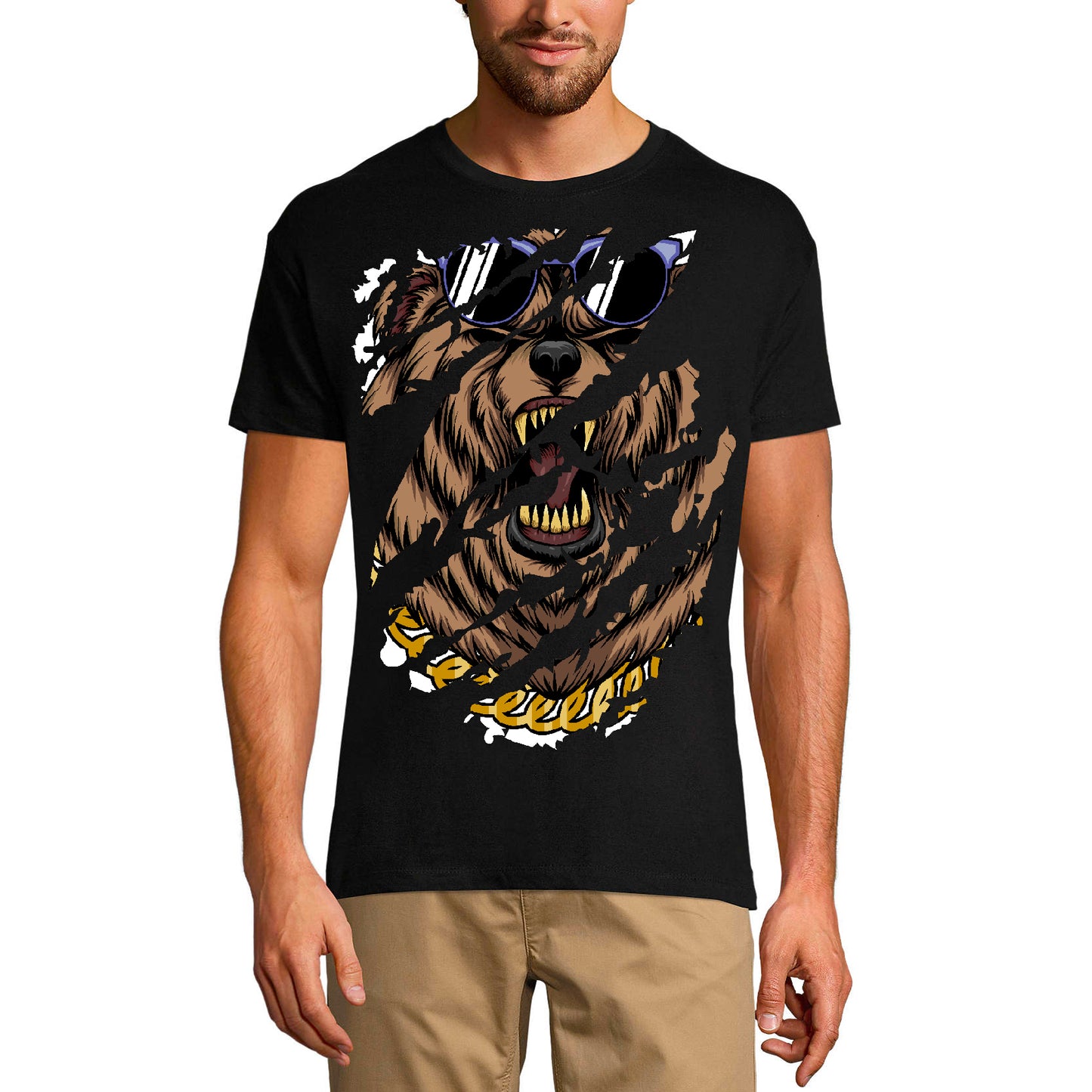 ULTRABASIC Men's Torn T-Shirt Funny Brown Bear - Golden Chain Vintage Shirt for Men