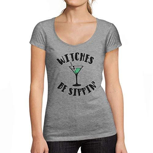 Ultrabasic - Tee-Shirt Femme col Rond Décolleté Witches Be Sippin Halloween Lettre T-Shirt imprimé Gris Chiné