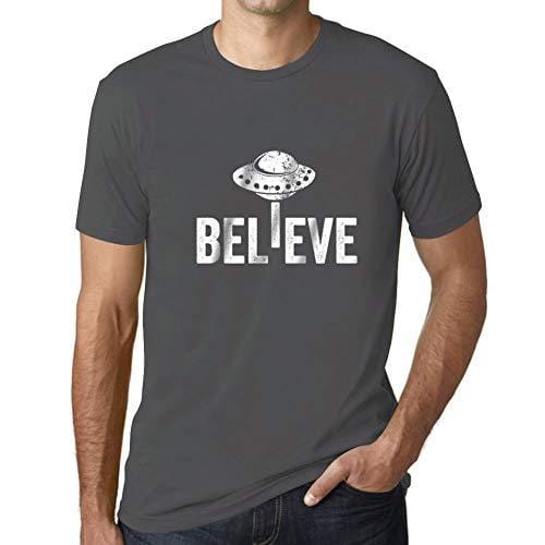 Ultrabasic - Homme Graphique Believe OVNI Extraterrestre T-Shirt Impression de Lettre Occasionnelle Drôle Gris Souris