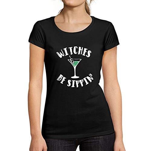 Ultrabasic - Tee-Shirt Femme Manches Courtes Witches Be Sippin Halloween Lettre T-Shirt imprimé Noir Profond