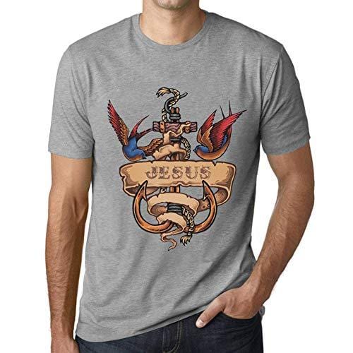 Ultrabasic - Homme T-Shirt Graphique Anchor Tattoo Jesus Gris Chiné