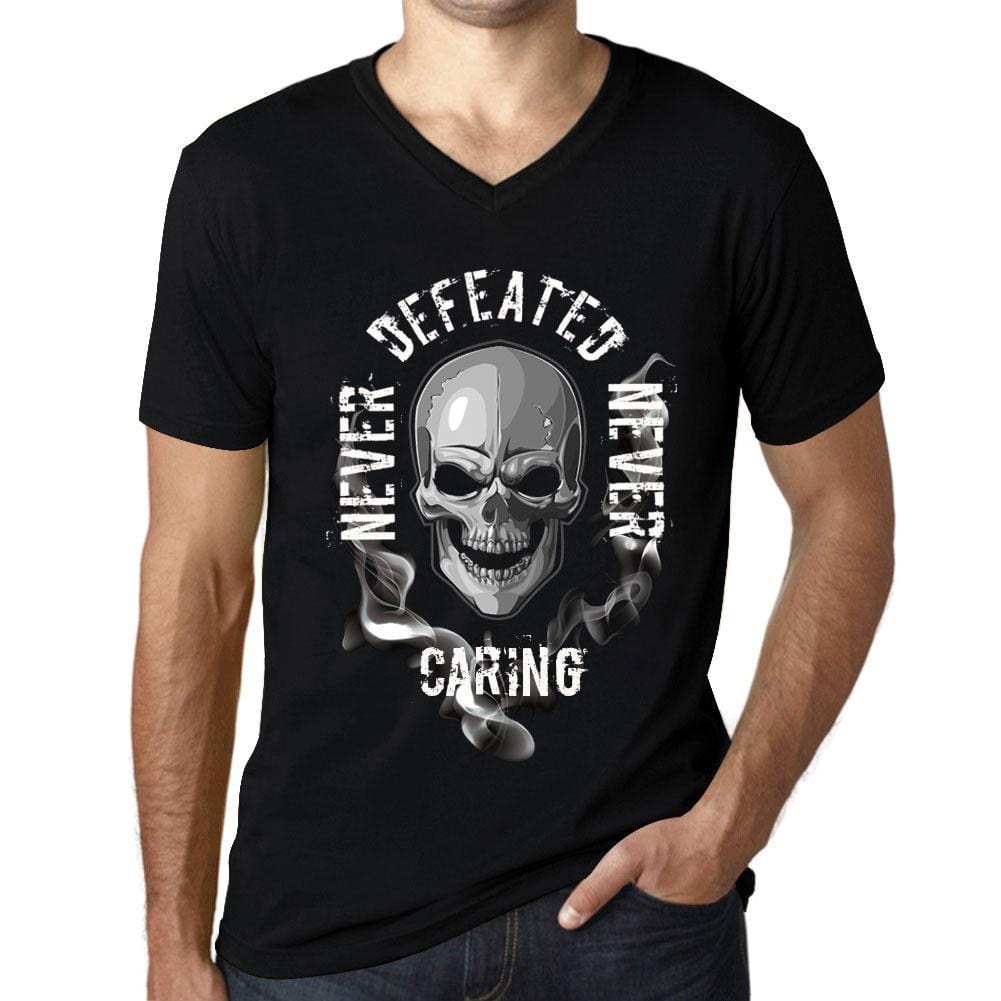 Men&rsquo;s Graphic V-Neck T-Shirt Never Defeated, Never CARING Deep Black - Ultrabasic