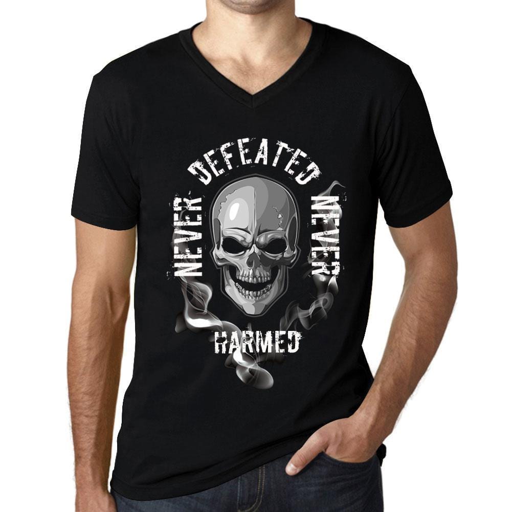 Men&rsquo;s Graphic V-Neck T-Shirt Never Defeated, Never HARMED Deep Black - Ultrabasic