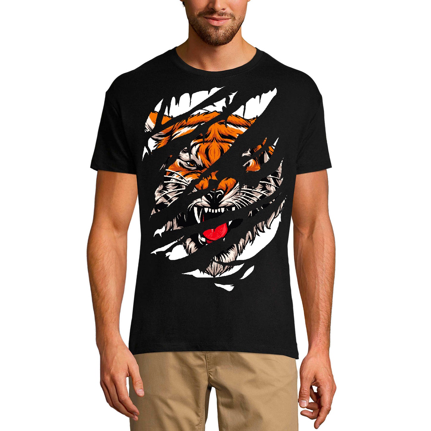 ULTRABASIC T-Shirt Torn pour Homme Angry Tiger Face - Chemise à Manches Courtes pour Homme