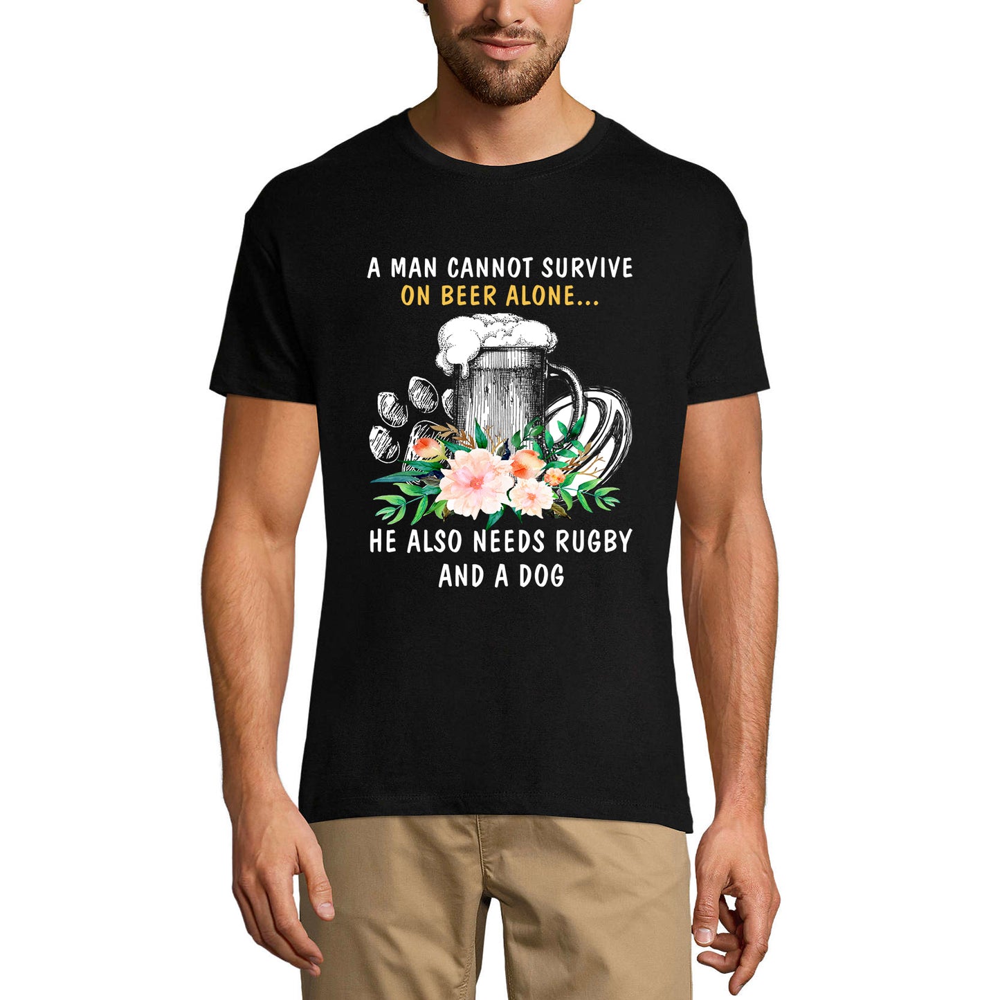 ULTRABASIC Herren-T-Shirt „Man Can Not Survive on Beer Alone He Needs Also Rugby and Dog – Spruch Bierliebhaber-T-Shirt“.