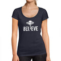 ULTRABASIC - Graphic Women's Believe UFO Alien T-Shirt Funny Casual Letter Print Tee French Navy