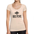 ULTRABASIC - Graphic Women's Believe UFO Alien T-Shirt Funny Casual Letter Print Tee Creamy Pink