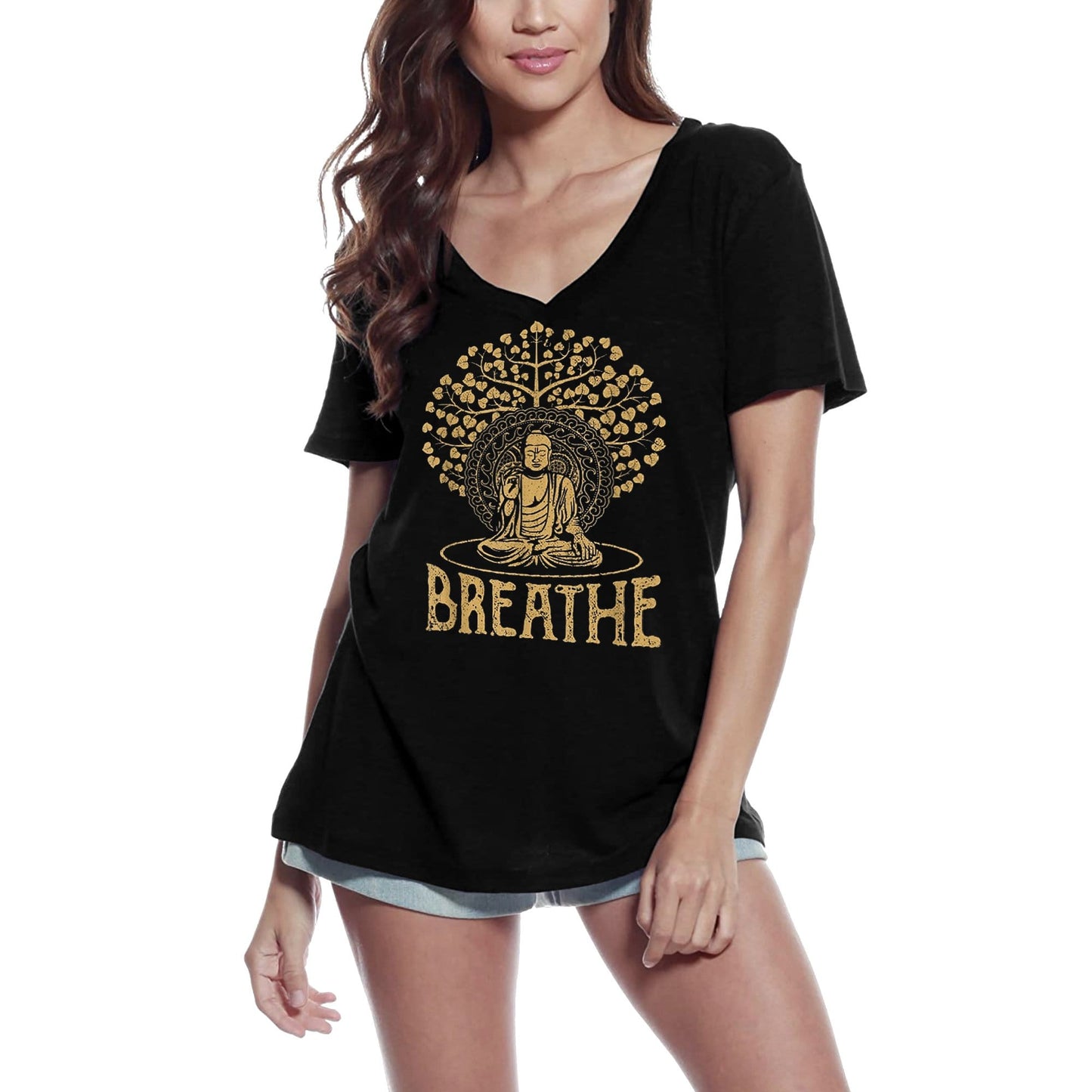 T-shirt col en V ULTRABASIC pour femmes Breathe Buddha Yoga - Tee-shirt de méditation spirituelle