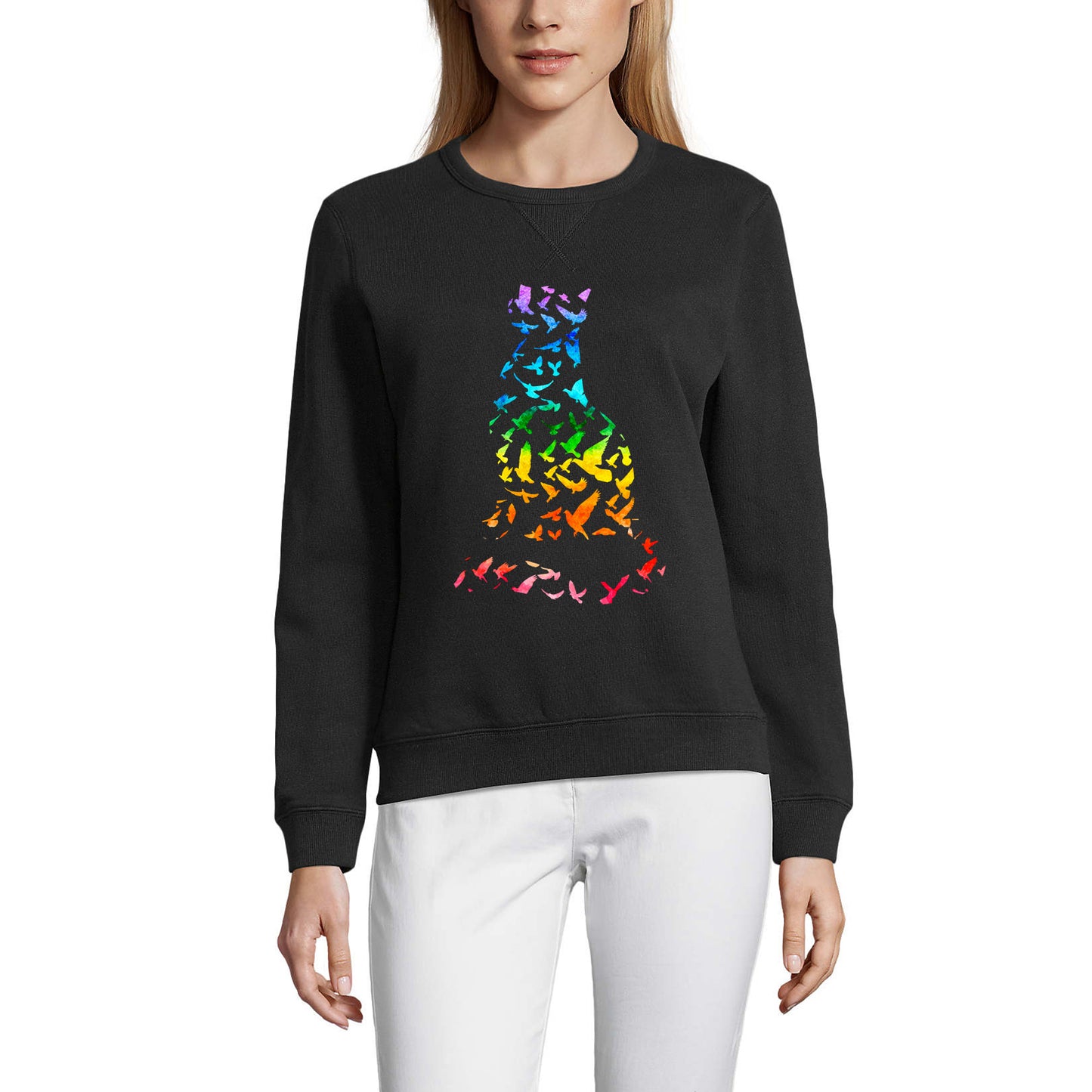 ULTRABASIC Damen-Sweatshirt Katze und Vogel bunt – Kätzchen-lustiger Pullover für Damen
