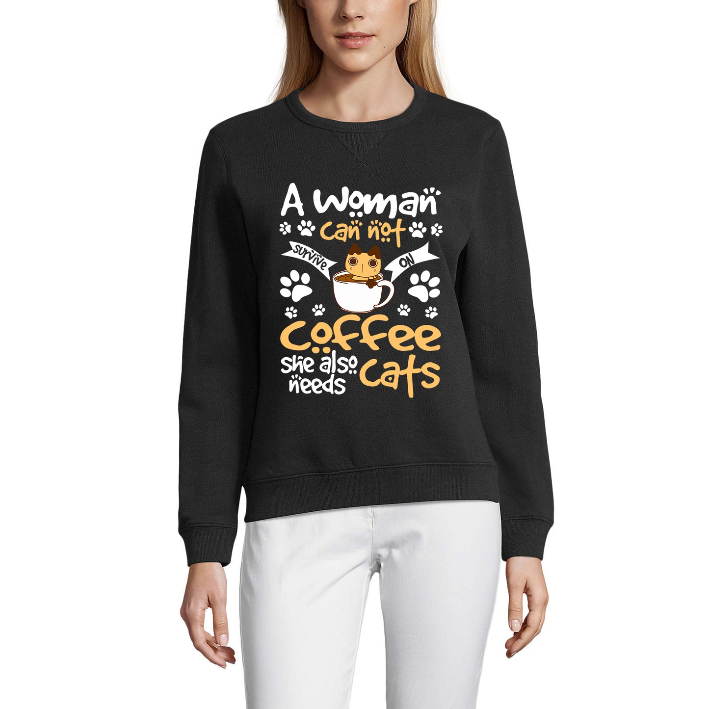ULTRABASIC Damen-Sweatshirt „Can Not Survive on Coffee She Also Need Cats“ – lustiger Kitty-Pullover