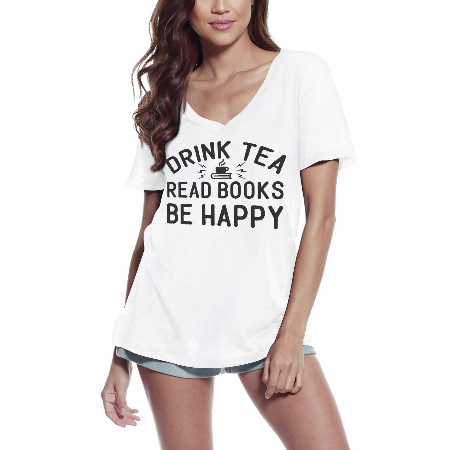 ULTRABASIC Women's T-Shirt Drink Tea Read Books be Happy - Short Sleeve Tee Shirt Tops