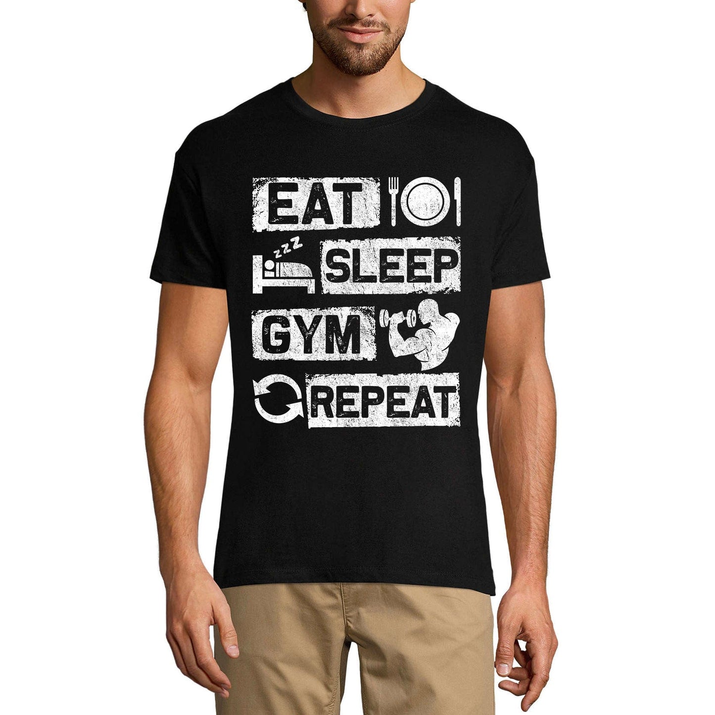 ULTRABASIC Men's Graphic T-Shirt Eat Sleep Gym Repeat - Motivational Slogan Shirt