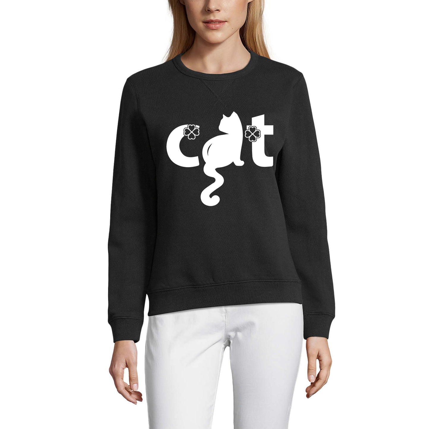 ULTRABASIC Women's Sweatshirt Lucky Cat Shamrock - Funny Cat Kitty Lover Sweater