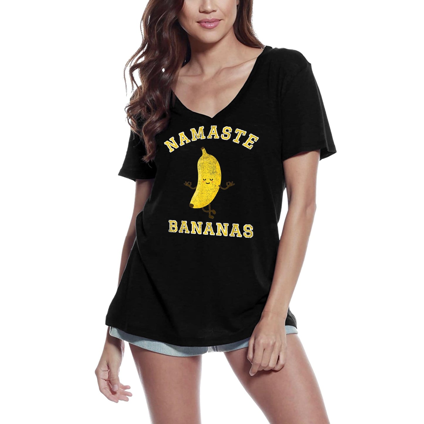 ULTRABASIC Women's V-Neck T-Shirt Namaste Bananas - Funny Yoga Pose - Spiritual Meditation Tee Shirt