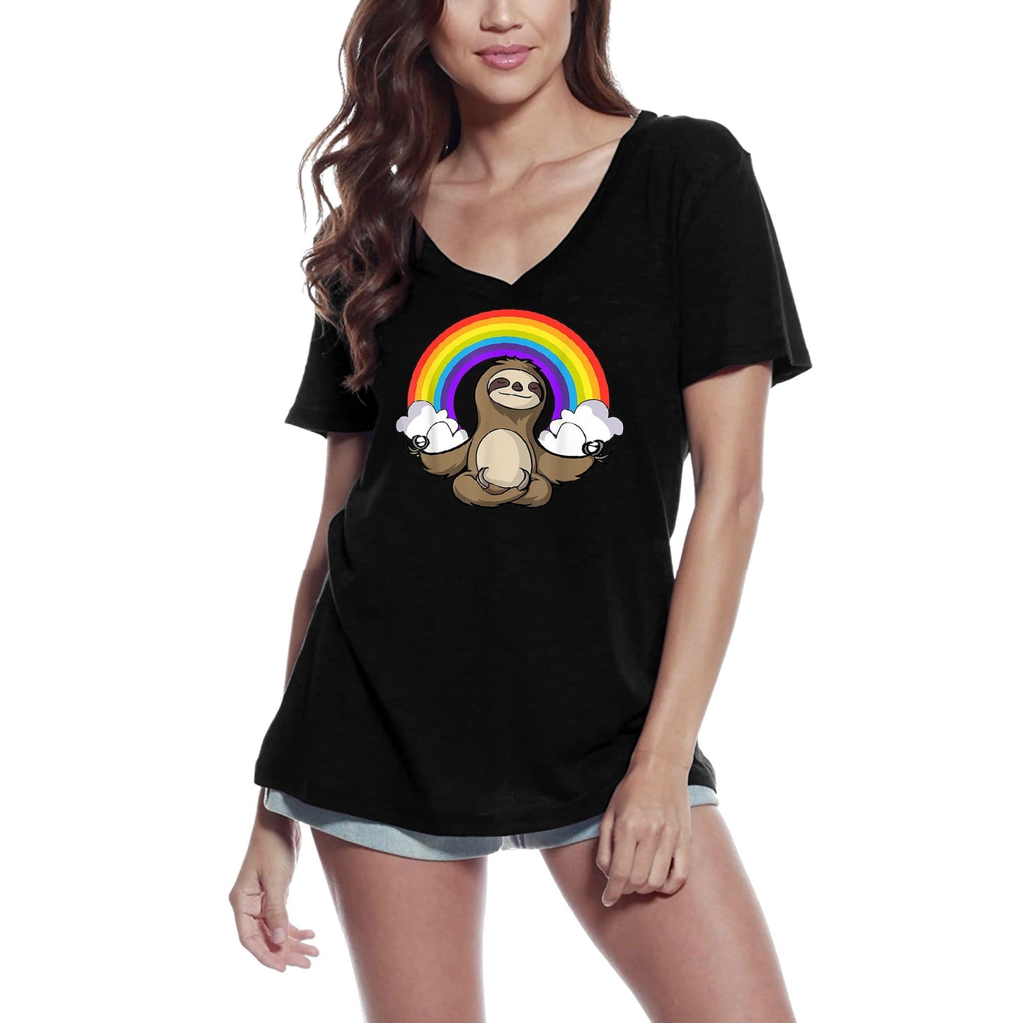 ULTRABASIC Damen-T-Shirt mit V-Ausschnitt, lustiges Faultier-Yoga-Regenbogen-Meditations-T-Shirt