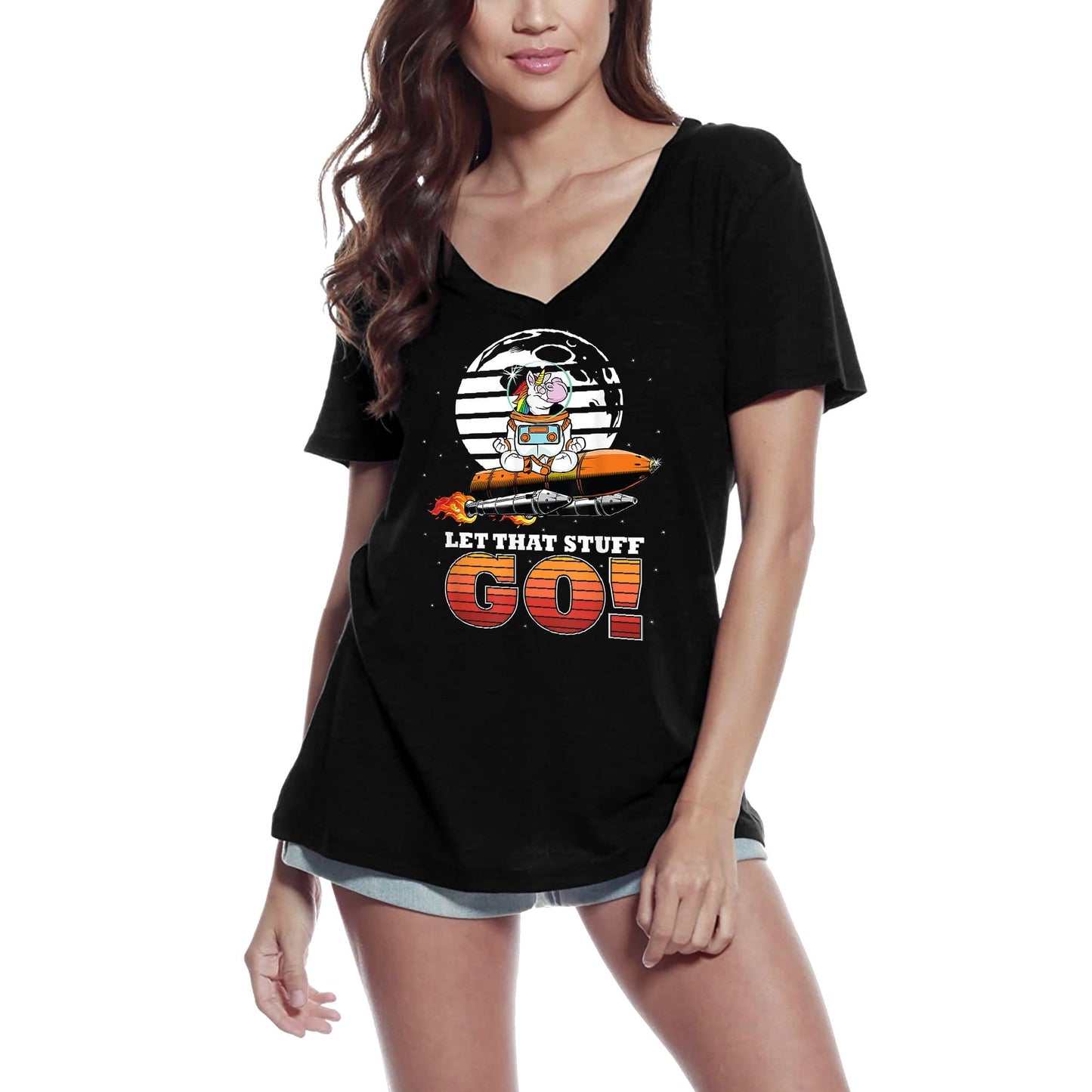 ULTRABASIC Damen-T-Shirt mit V-Ausschnitt Let That Stuff Go – Lustiges Einhorn-T-Shirt mit spiritueller Meditation
