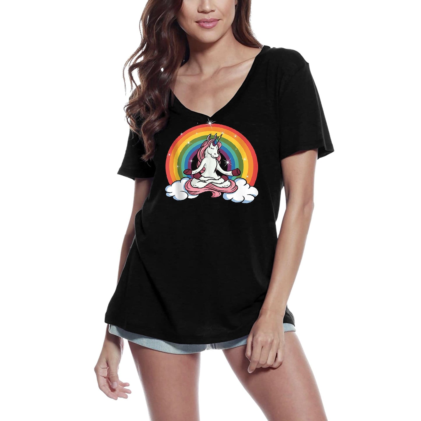 ULTRABASIC Damen-T-Shirt mit V-Ausschnitt, lustiges Einhorn-Regenbogen-Yoga – spirituelles Meditations-T-Shirt
