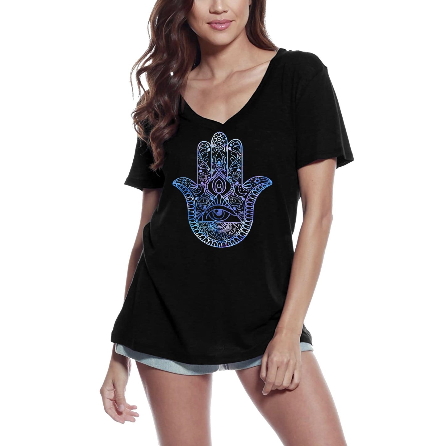 ULTRABASIC Damen-T-Shirt mit V-Ausschnitt, Hamsa Yoga – spirituelles Meditations-T-Shirt