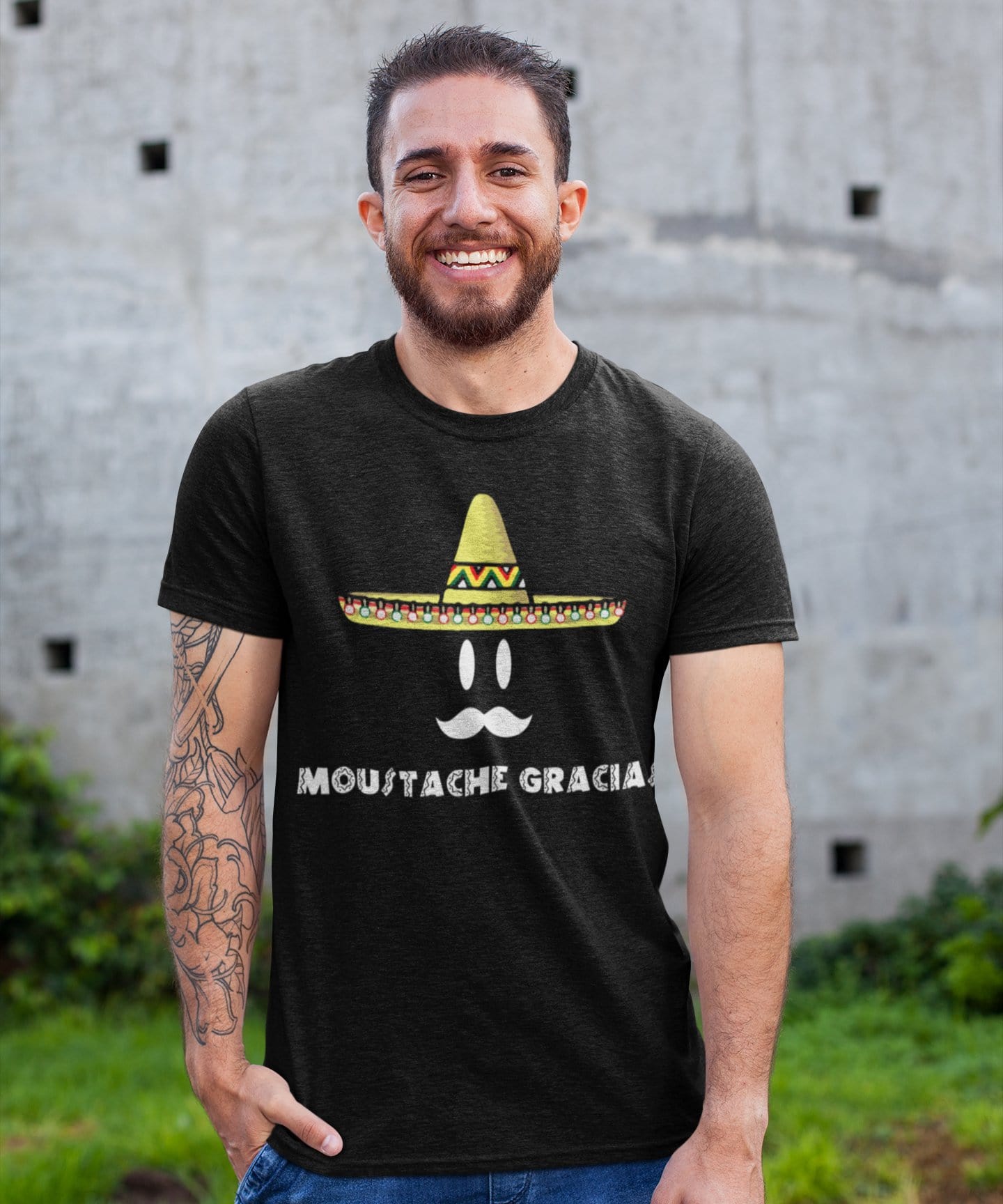 Camiseta Para Hombre Moustache Gracias Impreso Letras