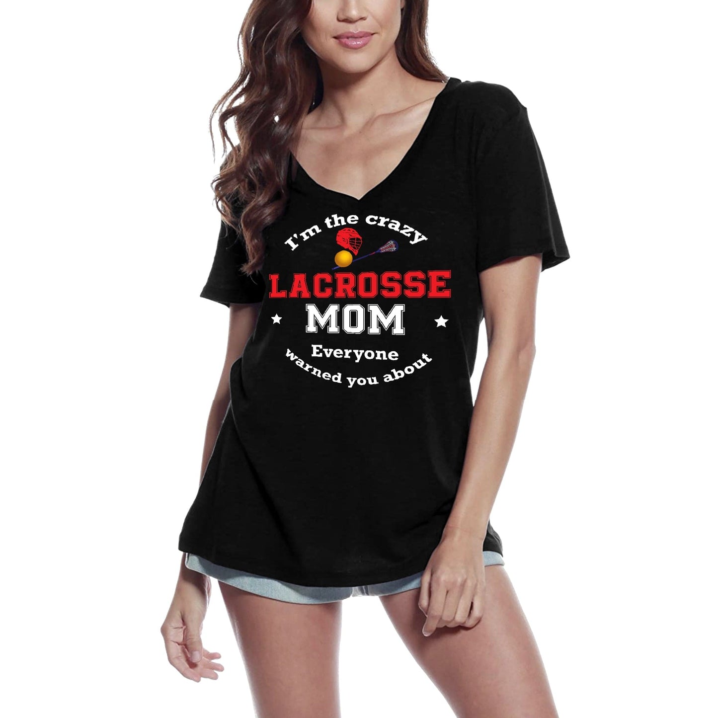 ULTRABASIC Damen-T-Shirt mit V-Ausschnitt „I'm the Crazy Lacrosse Mom“ – lustiges Mutter-T-Shirt