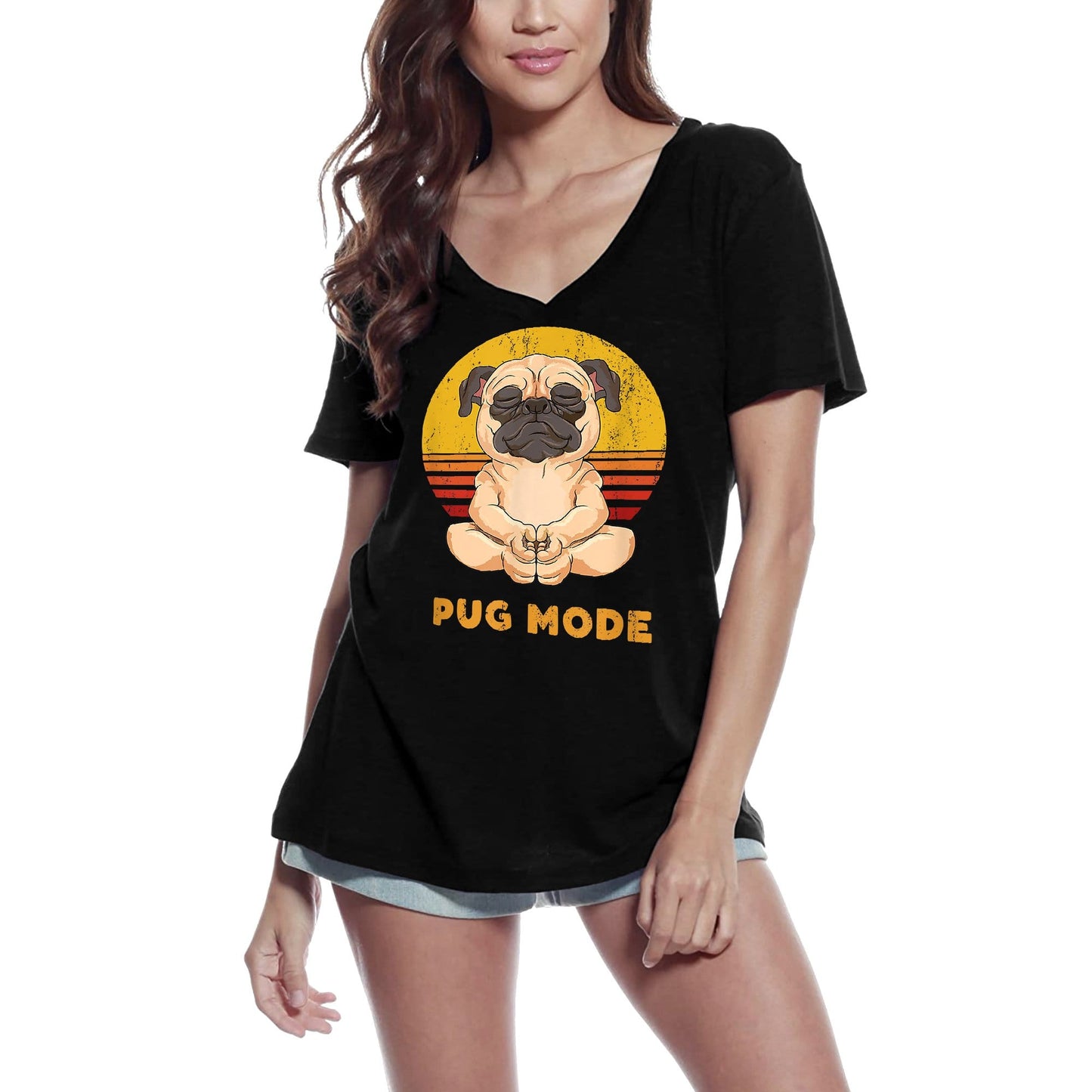 ULTRABASIC Women's V-Neck Pug Mode Meditation Girl - Yoga Peace Tee Shirt
