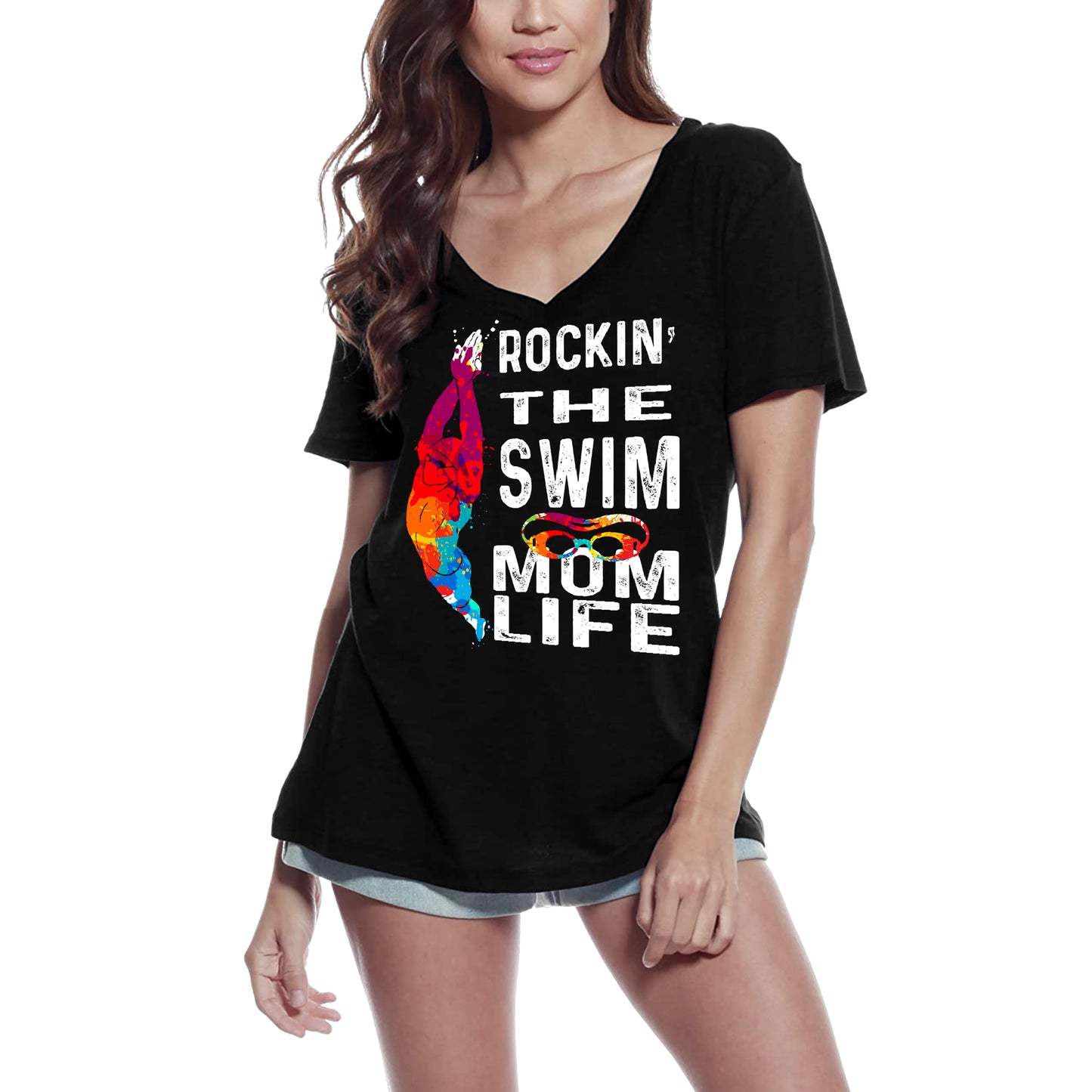 ULTRABASIC Women's V-Neck T-Shirt Rockin The Swim Mom Life - Funny Mom's Quote