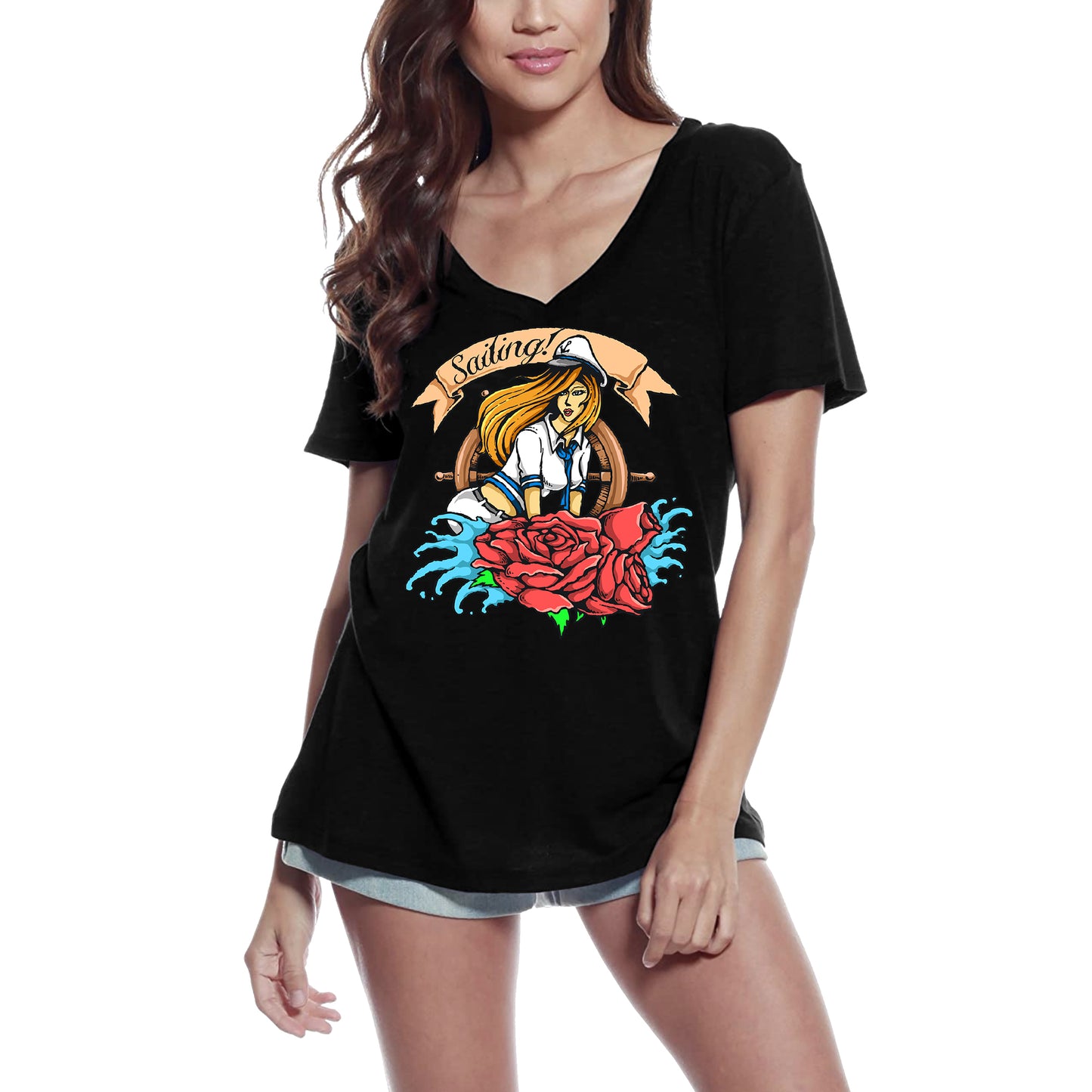 ULTRABASIC Damen-T-Shirt mit V-Ausschnitt Sailor Girl – Segeln – Meeresliebe – Rote Rosen