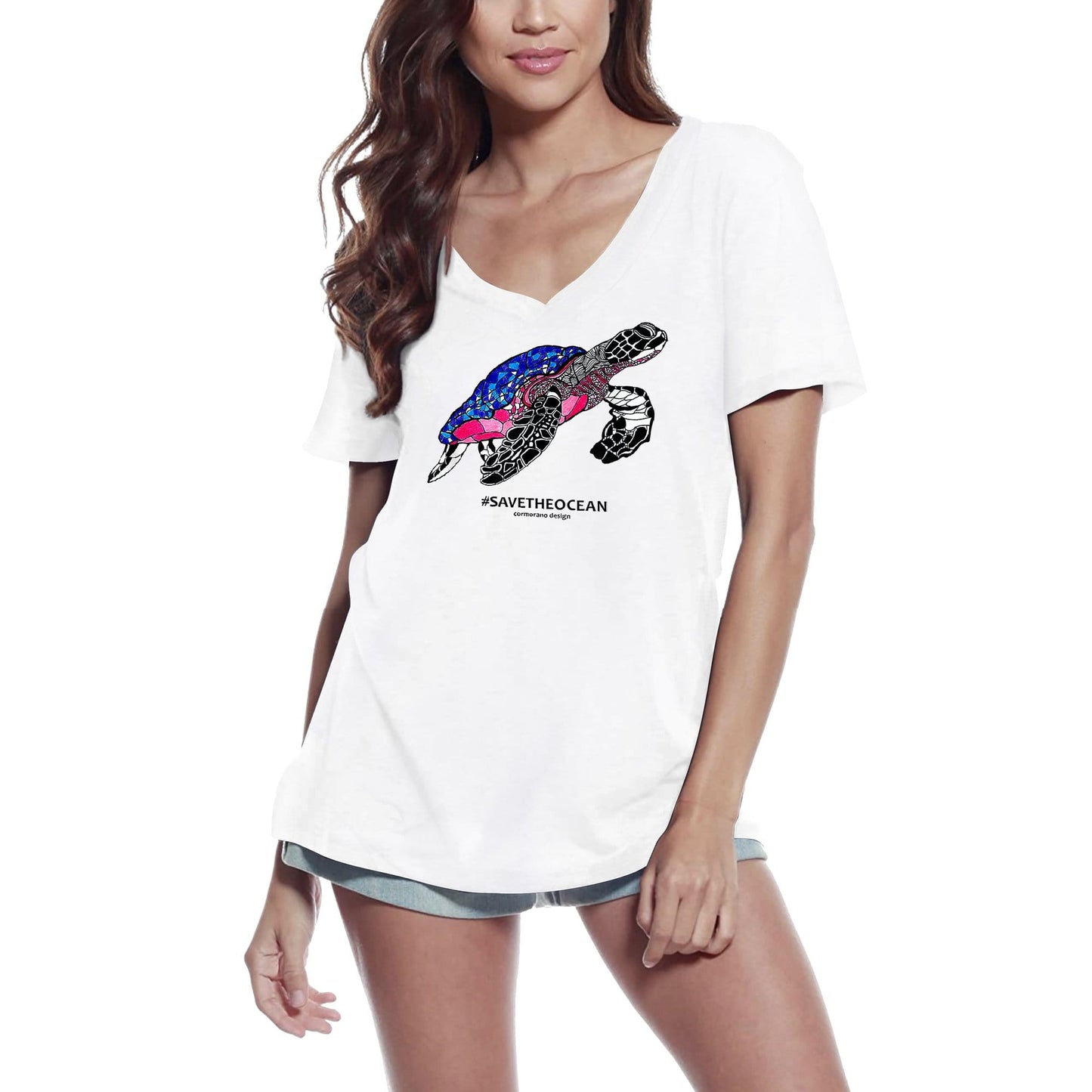 ULTRABASIC T-Shirt Col V Femme Ocean Surf Yoga - T-Shirt Tortues Drôles