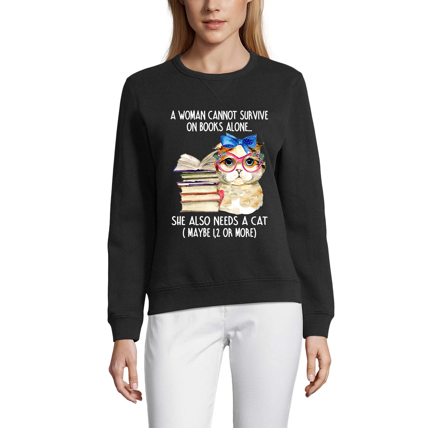 ULTRABASIC Women's Sweatshirt She Also Needs Cat - Cute Cat With Books