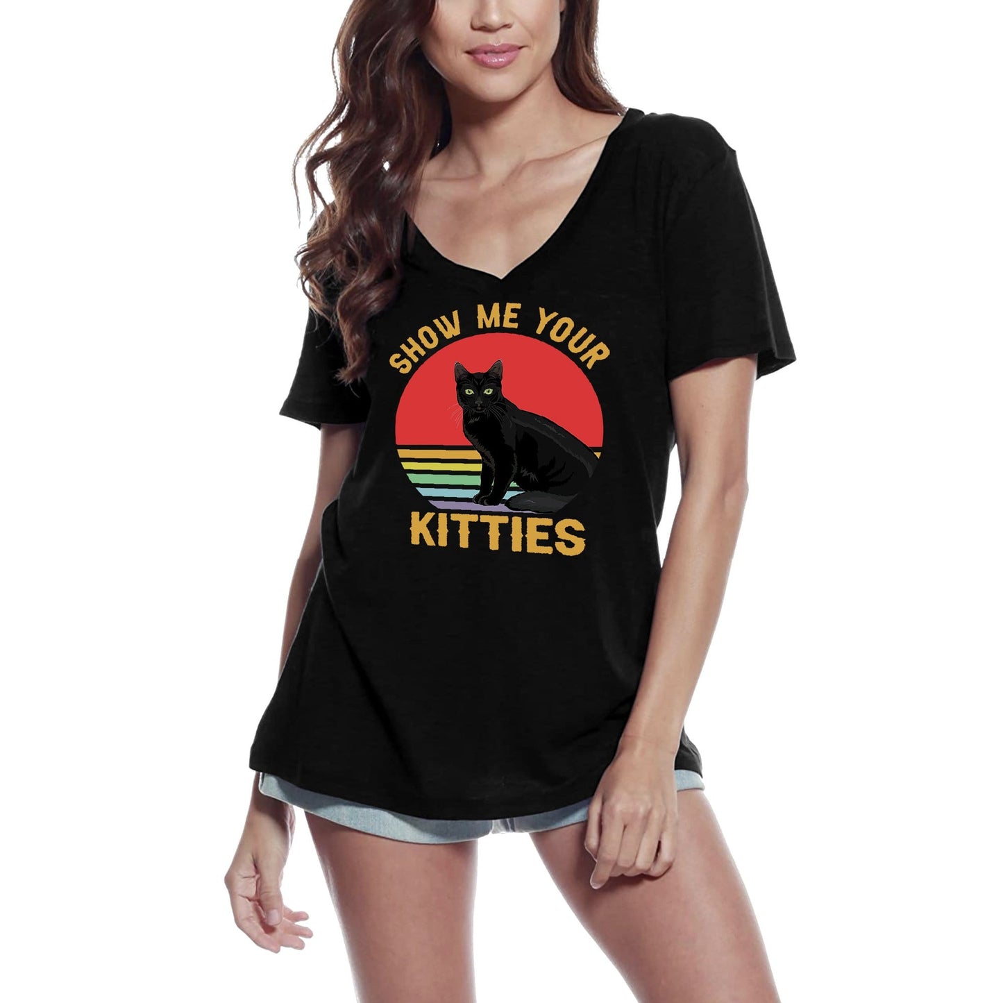 ULTRABASIC Women's T-Shirt Show Me Your Kitties - Retro Cat Sunset