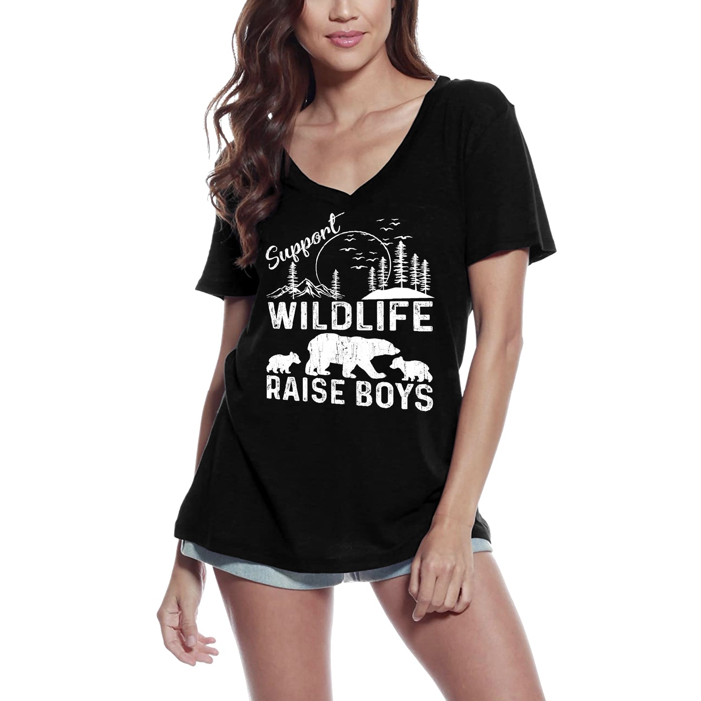 ULTRABASIC Women's V-Neck T-Shirt Support Wildlife Raise Boys - Love Animals