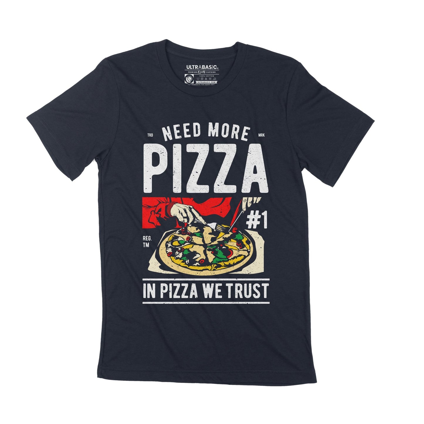 ULTRABASIC Need More Pizza Men's T-Shirt - In Pizza We Trust Graphic Quote Tee merch present fathers day tshirts dad apparel mercahndise letter clothing womens christmas novelty unisex classic guys adult teens casual outfits print food order eat teenager youth humor outdoor cheese sarcastic love triangle clothes 