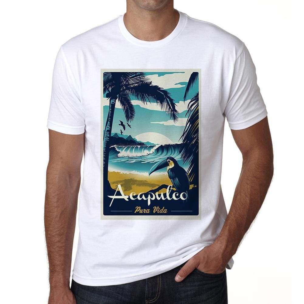 Acapulco Pura Vida Beach Name White Mens Short Sleeve Round Neck T-Shirt 00292 - White / S - Casual