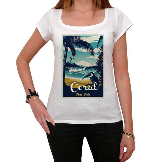 Coral Pura Vida Beach Name White Womens Short Sleeve Round Neck T-Shirt 00297 - White / Xs - Casual